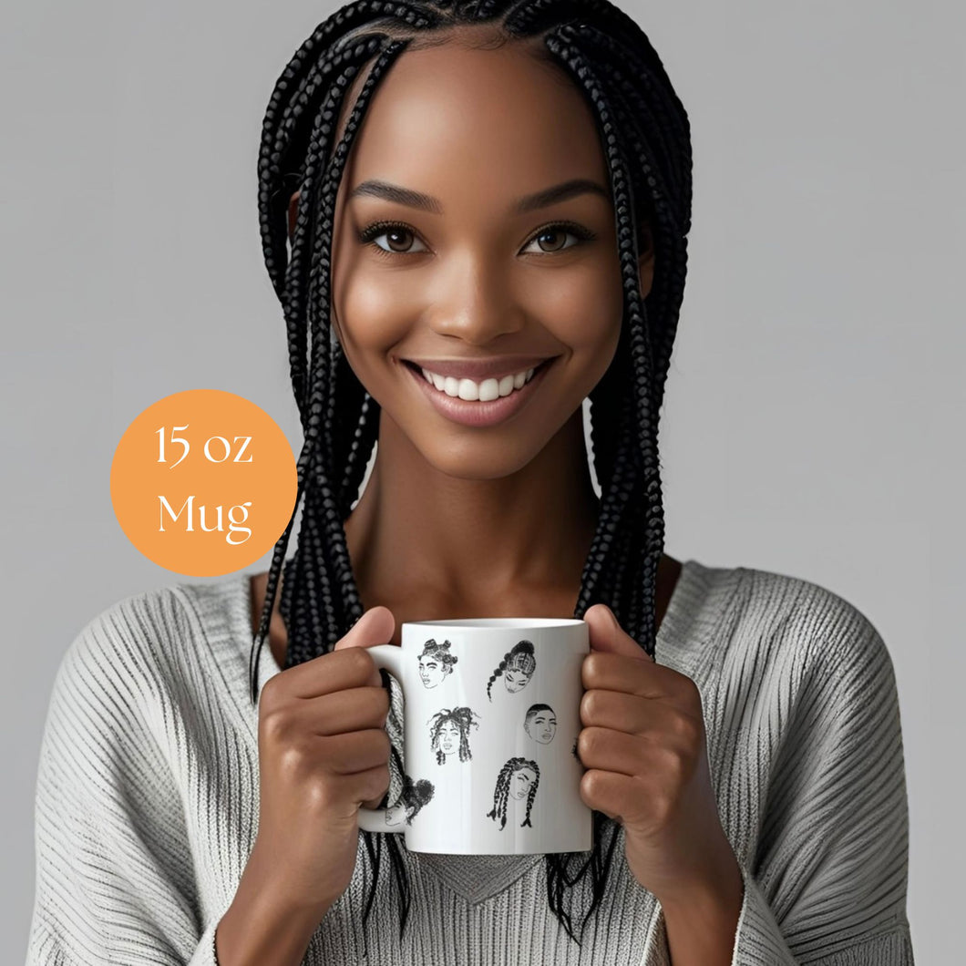 Hairstyle Girls Mug 15oz | Artistic Black Hair Designs | Gift for Hair Lovers, Black History Month, Home Decor, Coffee